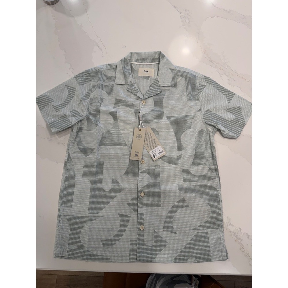 Folk Bays Seersucker Shirt Mens Small Sage Green NWT Geometric Camp Collar
